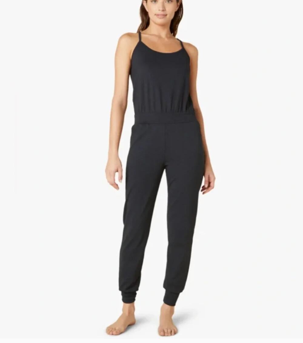 Beyond Yoga Lounge Around Heather Rib Jumpsuit Black XL Relaxed Made USA